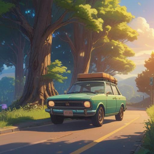 A serene scene depicting a car stranded on the side of a road, surrounded by nature, ethereal light shining through trees, symbols of spiritual signs like feathers and coins nearby, calm atmosphere, reflection of inner peace, soft focus, conveying a sense of awareness and guidance, 4k