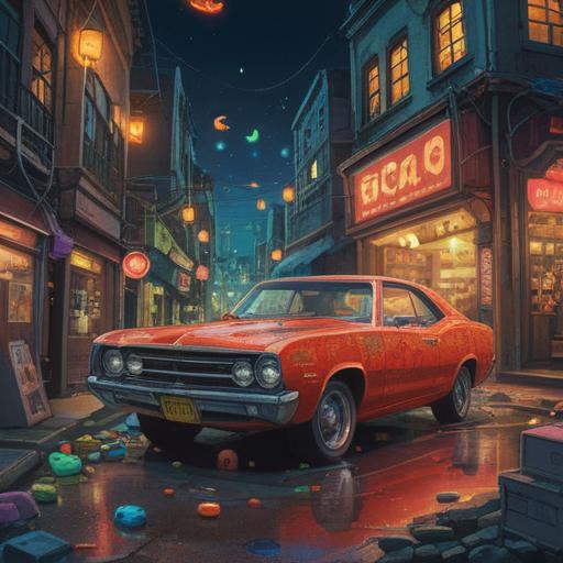 A stationary car surrounded by various lucky charms, vibrant colors, whimsical atmosphere, sparkles and glowing symbols, detailed urban background, sense of wonder and fortune, visually representing good luck, enchanting scene, 4k