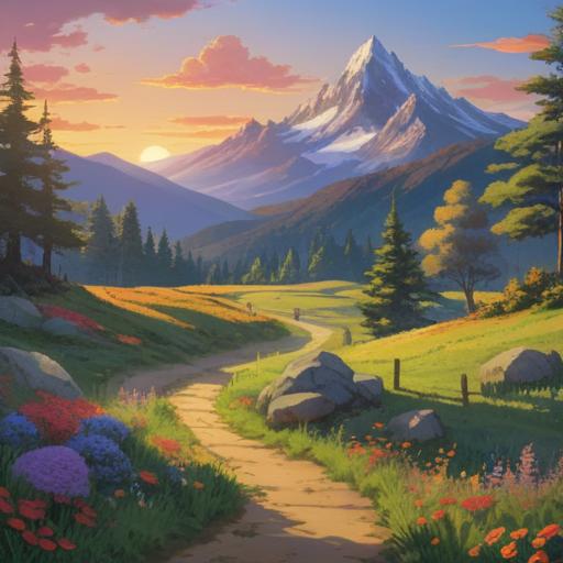 A serene landscape symbolizing a fresh start, vibrant sun rising over a mountain range, a winding path leading into the horizon, lush greenery on either side, a person standing at the beginning of the path, gazing forward with determination, soft pastel colors, uplifting atmosphere, motivational feel, 4k