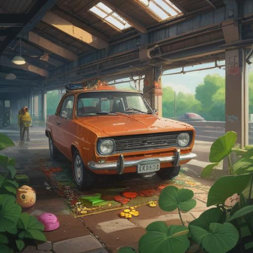 A conceptual illustration depicting lucky items that protect cars from damage, featuring various lucky charms such as a four-leaf clover, horseshoe, and evil eye, placed strategically around a shiny car, a serene suburban setting with blooming flowers, sunny skies, and a cozy home in the background, vibrant colors, inviting atmosphere, 4k resolution