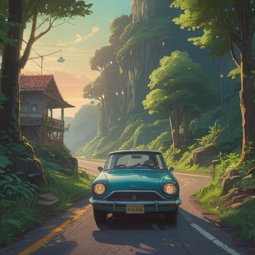 A car malfunctioning on a quiet, winding road, surrounded by lush greenery, ethereal light illuminating the scene, symbolic representation of self-discovery and inner reflection, a silhouette of a person standing beside the car, contemplating life choices, tranquil ambiance, a sense of spiritual awakening, 4k