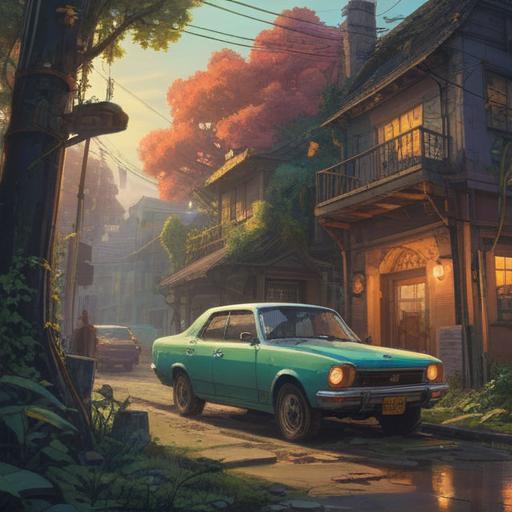 A car experiencing mechanical issues, symbolic of personal growth and transformation, ethereal atmosphere, soft illumination, nature reclaiming space around the vehicle, spiritual journey, visual metaphors for overcoming adversity, serene landscape, bright sky, 4k