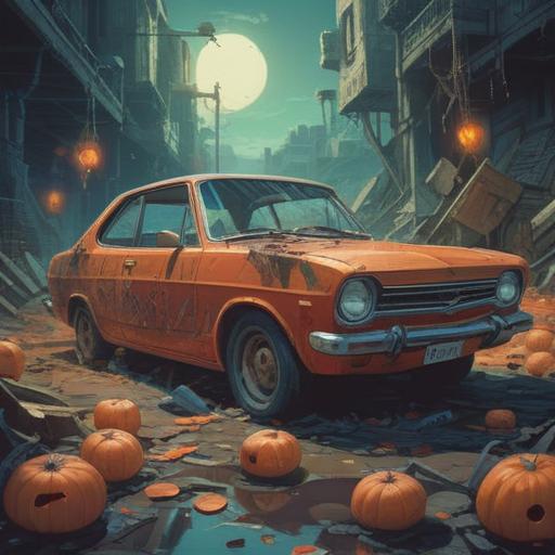 A mystical illustration depicting a broken car surrounded by ethereal symbols, glowing signs emerging from the engine, a surreal landscape with vibrant, swirling colors, a cosmic sky filled with stars, a figure observing the signs thoughtfully, a sense of awareness and awakening, spiritual guidance elements, 4k