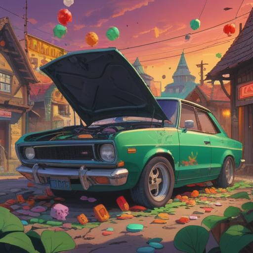 A creative illustration of a person troubleshooting a car breakdown, surrounded by various lucky charms such as a four-leaf clover, a rabbit's foot, a horseshoe, and a fortune cookie, sunny day setting, detailed car with open hood, expressions of hope and determination, vibrant colors, dynamic composition, 4k