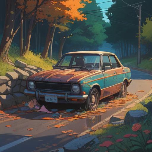 A serene scene depicting a person sitting beside a broken-down car on a quiet roadside, deep in thought and reflection, surrounded by nature, warm sunlight filtering through the trees, showing emotions of resilience and calmness, a journal and a cup of tea beside them, capturing the essence of mental maintenance while facing challenges, inspirational atmosphere, 4k