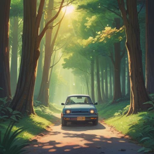 A serene scene depicting a parked car surrounded by nature, soft sunlight filtering through trees, symbolizing stillness and contemplation, ethereal atmosphere, tranquil ambiance, detailed textures of foliage, subtle spiritual symbols in the background, 4k