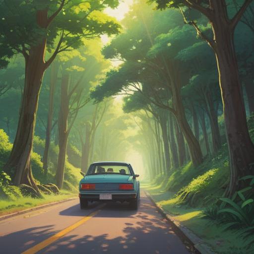 A serene and contemplative scene, a stationary car on a tranquil road, surrounded by lush greenery, soft sunlight filtering through the trees, a sense of peace and stillness, symbolic interpretations of signs and messages, ethereal glow, harmonious atmosphere, visual metaphor for spiritual growth and reflection, 4k