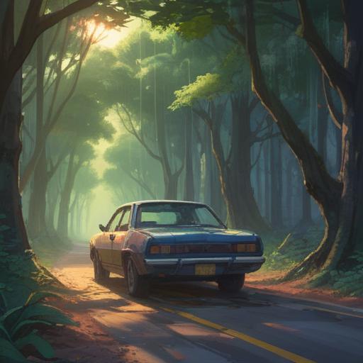 A serene and contemplative scene, a broken down car on a deserted road, ethereal light shining through trees, symbolic elements like feathers and stones nearby, a subtle representation of spiritual awareness, hinting at pause and reflection, calming colors, spiritual symbolism, nature's presence, 4k