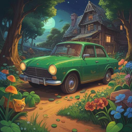 A whimsical illustration of a stranded car, surrounded by various lucky items like a four-leaf clover, a horseshoe, a lucky penny, a rabbit's foot, and a wishbone, sunny day, bright colors, cheerful atmosphere, playful composition, 4k