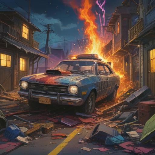 A surreal scene depicting a car accident, vibrant colors, dramatic contrast, symbolic interpretation of spiritual awakening, light beams emerging from the wreckage, ethereal figures representing guidance, a sense of transformation and renewal, a feeling of hope amidst chaos, 4k