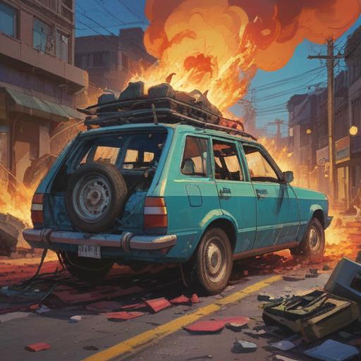 A dramatic scene capturing a car accident moment, a vehicle approaching rapidly from behind, a sense of impending impact, spiritual symbols appearing in the air, representing warnings, a tense atmosphere, vibrant colors highlighting the contrast between danger and awareness, an abstract representation of intuition, focused expressions on the faces of the passengers, 4k