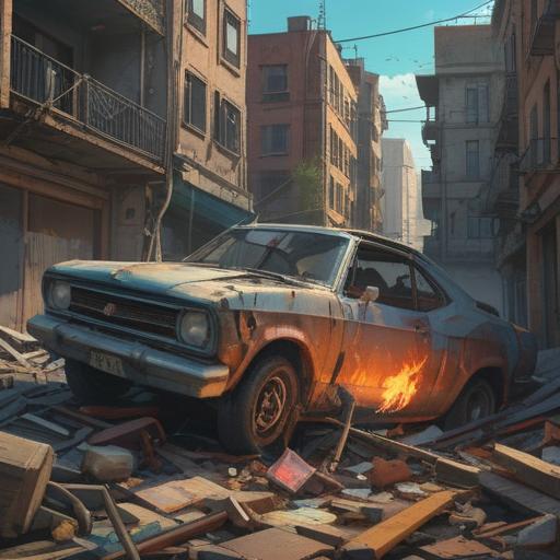 A surreal scene depicting a car accident aftermath, a lucky charm glowing brightly amidst the wreckage, vibrant colors symbolizing hope and positivity, flowers blooming in the background, a clear blue sky above, rays of sunlight breaking through the clouds, a feeling of renewal and resilience, detailed textures on the damaged car, 4k