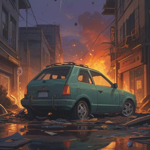 A spiritually reflective scene depicting a car crash aftermath, emotional turmoil, contrasting feelings of fear and enlightenment, a figure contemplating life lessons, ethereal light breaking through the chaos, symbolism of transformation and growth, nature elements symbolizing renewal, surreal atmosphere, vivid colors, intricate details.