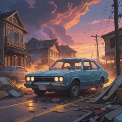 A serene scene depicting a car accident aftermath, soft ethereal light, a celestial aura surrounding the vehicles, symbols of spiritual awakening and transformation, gently glowing orbs representing positive signs, lush greenery in the background signifying renewal, calm expressions on the characters reflecting inner peace, 4k