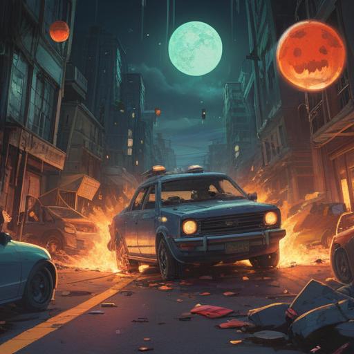 A vivid illustration depicting a car accident scene, a driver visibly startled and aware, glowing orbs representing spiritual signs hovering around, ethereal light emphasizing intuition, dark clouds hinting at impending danger, detailed urban background, cautionary atmosphere, 4k