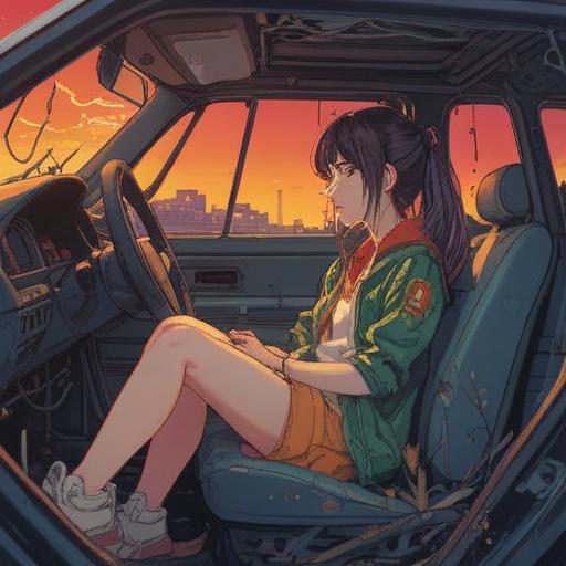 A surreal illustration of a person sitting in a car after a minor collision, contemplating various whimsical actions, such as tossing a lucky coin, performing a small dance, or holding a rabbit's foot, vibrant colors, expressive emotions, detailed urban background, playful atmosphere, 4k