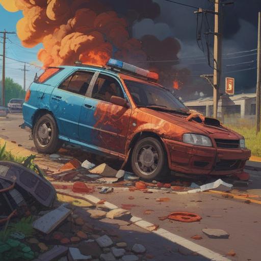 A dramatic scene depicting the aftermath of a car accident, a crumpled vehicle on the side of the road, emergency responders assisting the injured, a sense of hope emerging from the chaos, a sunrise breaking through the clouds, symbolic of new beginnings, people coming together to support each other, emotional expressions, 4k