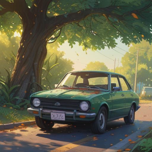 A serene scene depicting a car parked under a tree, bird droppings falling gracefully onto the windshield, soft sunlight filtering through leaves, an aura of spirituality surrounding the car, symbolic representation of cleansing and renewal, vibrant colors, detailed textures, peaceful atmosphere, nature's interaction with human life, 4k