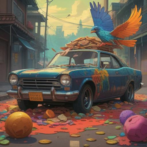 A spiritual interpretation of a bird dropping its feces on a car, symbolizing good fortune and unexpected blessings, vibrant colors, serene atmosphere, a peaceful landscape in the background, thoughtful expressions on people's faces witnessing the event, harmonious composition, 4k