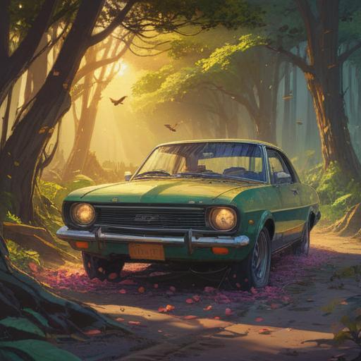 A spiritual illustration depicting a car covered in bird droppings, sunlight filtering through trees, ethereal glow, symbolic birds in the sky, abstract representation of messages from nature, tranquil setting, vivid colors, soft-focus background, surreal dream-like quality, 4k