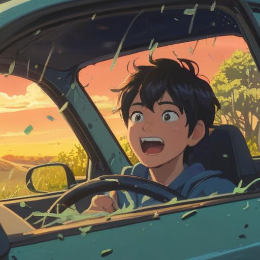 A scene depicting a car with bird droppings on its windshield, bright sunlight illuminating the surroundings, a surprised driver reacting with a smile, sense of humor, playful atmosphere, surrounded by lush greenery, whimsical details, vibrant colors, 4k