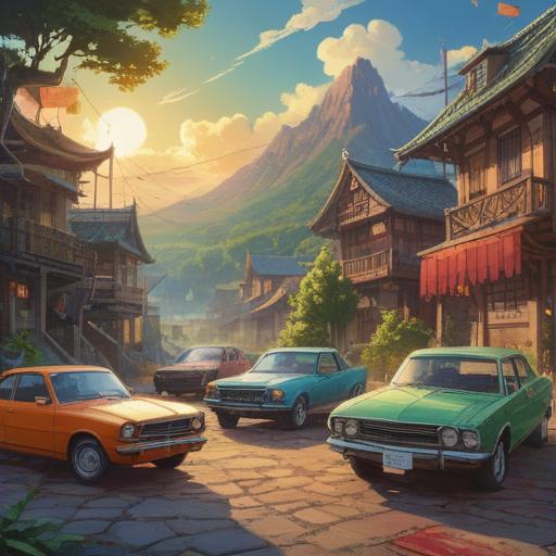 A vibrant illustration of various cars in different colors, each representing unique spiritual meanings, an enchanting landscape in the background, sunlight filtering through leaves, serene atmosphere, detailed reflections on car surfaces, harmonious color palette, inviting and uplifting energy, 4k