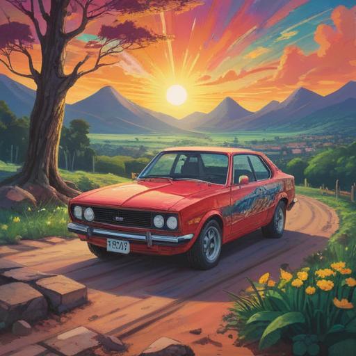A vibrant illustration of a car painted in various spiritual colors, surrounded by a serene landscape, reflecting positive energy and harmony, rays of light emanating from the vehicle, symbolic elements like flowers and celestial signs in the background, uplifting and optimistic atmosphere, vivid details, 4k