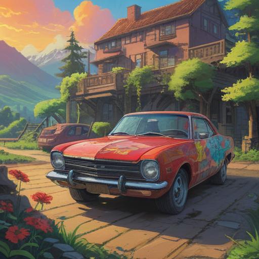 A thought-provoking illustration depicting a colorful car parked in a serene landscape, the car's vibrant colors represented as spiritual symbols, a mystical aura surrounding it, subtle hints of caution signs, nature elements harmoniously integrated, clear representation of spiritual guidance, inviting atmosphere, 4k