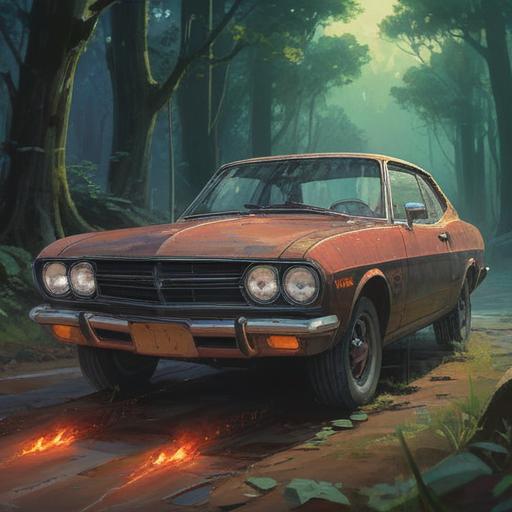 A mystical illustration depicting a car with visible scratches and dents, surrounded by ethereal light, symbolizing emotional wounds and healing, abstract representation of spiritual growth, serene background with soft clouds, a path of light leading towards the horizon, vibrant colors reflecting hope and renewal, detailed textures on the car, 4k