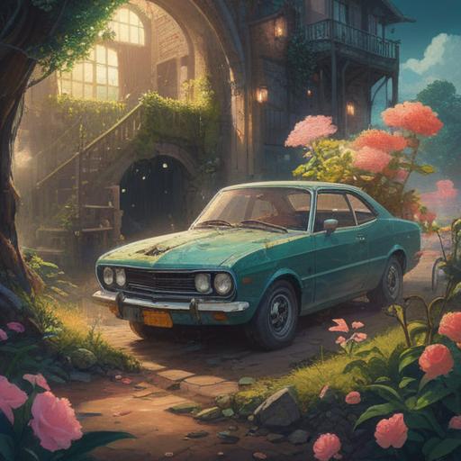 A mystical scene depicting a damaged car surrounded by ethereal light, symbolic representation of transformation and growth, nature elements like blooming flowers and sunlight breaking through clouds, a serene atmosphere, reflective mood, spiritual symbols subtly integrated, vibrant colors, 4k