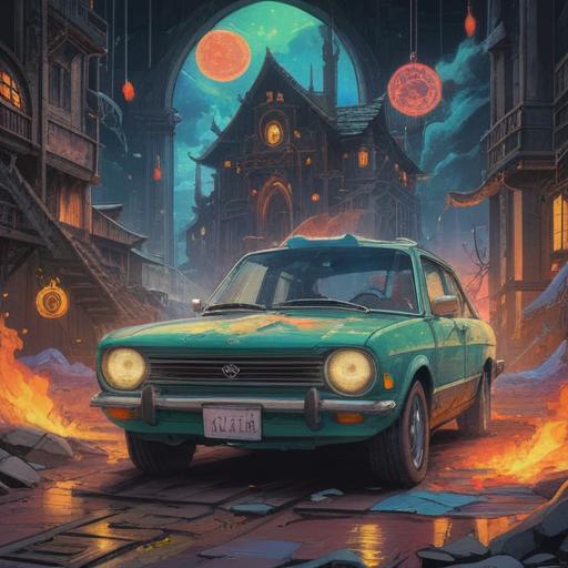 A mystical scene depicting a car surrounded by ethereal symbols, reflecting on the importance of spiritual signs when facing damage, colorful auras emanating around the vehicle, nature intertwined with the urban environment, peaceful vibes, subtle hints of protection and awareness, 4k