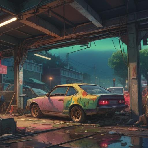 A car damaged in a parking lot, a lucky charm hanging from the rearview mirror, vibrant colors, a sense of hope and positivity, surrounding items that symbolize good luck, like four-leaf clovers and horseshoes, detailed urban background, sunny day atmosphere, 4k