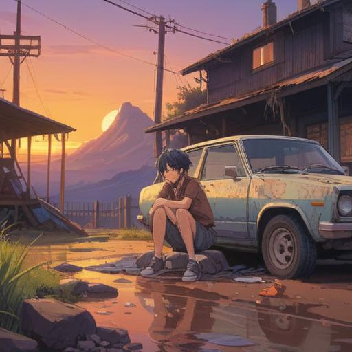 A serene illustration depicting a person sitting beside a broken-down car, looking contemplative and calm, a gentle sunset in the background, symbolizing hope and resilience, supportive friends offering encouraging words, subtle expressions of concern and motivation, warm color palette, peaceful atmosphere, 4k