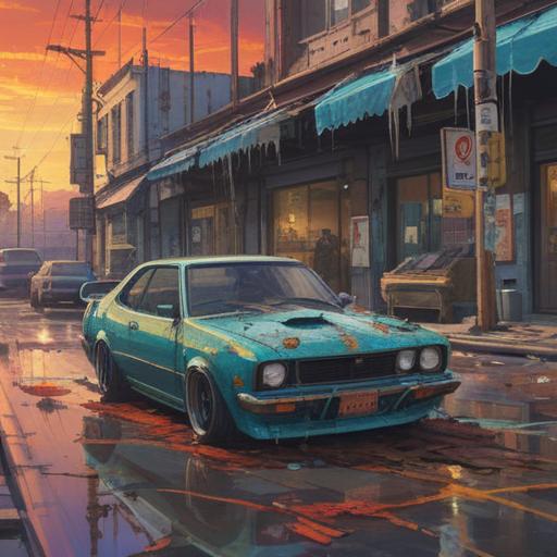 A symbolic representation of a damaged car, reflecting emotional turmoil and spiritual awakening, cracked windshield, vibrant energy emanating from the broken glass, surrounding nature transforming, metaphorical elements like butterflies and flowers, conveying healing and growth, abstract background with cosmic patterns, evoking a sense of introspection, rich colors, 4k