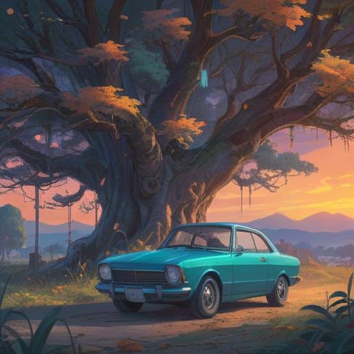 A serene and contemplative scene depicting a car parked under a fluttering tree, with subtle ethereal light surrounding it, symbolic animals nearby, gentle winds carrying whispers of advice, a reflection of cosmic elements in the car's surface, tranquil environment, emphasizing awareness and intuition, vibrant yet calming colors, 4k