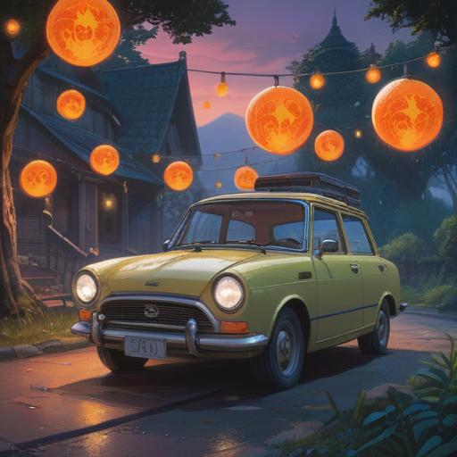 A spiritual lucky charm that heals car scratches, surrounded by glowing orbs of light, set in a tranquil outdoor environment, with a relaxed vibe, vivid colors, intricate details in the charm's design, symbolic elements representing healing and protection, lush greenery in the background, soft sunlight filtering through the trees, 4k