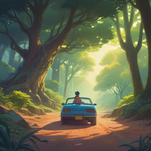 A serene scene depicting a person meditating beside a car in a tranquil landscape, soft sunlight filtering through trees, ethereal energy radiating from the connection between the person and the vehicle, symbolic elements representing spirituality like glowing orbs or aura, harmonious colors blending with nature, peaceful and reflective mood, emphasizing the bond between human and machine, 4k