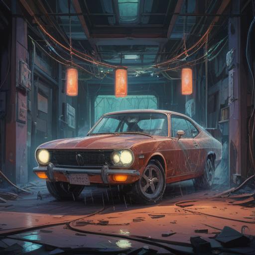 A symbolic illustration of a car with visible scratches and dents, surrounded by ethereal glowing lights, representing spiritual healing, an abstract interpretation of energy flow, the contrast of materialism and spirituality, a serene landscape in the background, soft focus, 4k