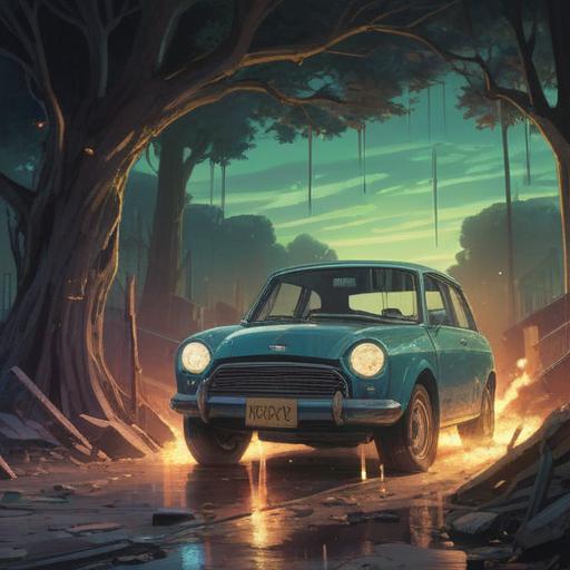 A spiritual and uplifting illustration depicting the moment when a car gets damaged, ethereal light emanating from the damaged area, symbolic elements representing growth and transformation, serene atmosphere, gentle lines, the sense of hope and renewal, colorful auras surrounding the car, 4k
