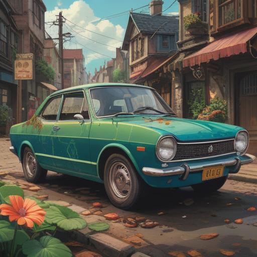 A whimsical illustration of a lucky charm for a damaged car, vibrant colors, enchanting details, a four-leaf clover, a shiny penny, a small lucky cat figurine, scattered around a car with a dented door, positive energy, uplifting atmosphere, 4k