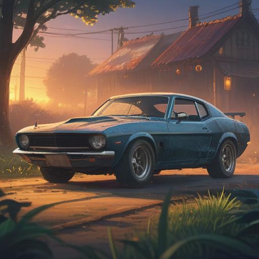 A close-up of a car with subtle scratches, sunlight reflecting off the surface, an ethereal aura surrounding the vehicle, symbols of positive energy carved into the scratches, a serene landscape in the background, bright and uplifting colors, spiritual elements woven into the scene, a sense of tranquility and hope, 4k