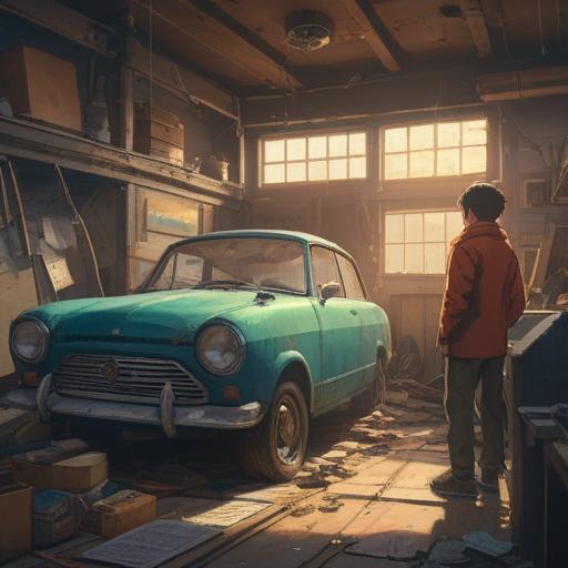 A scene depicting a car with a noticeable scratch, sunlight gleaming off the damaged area, a person examining the scratch with a thoughtful expression, symbolic lucky items like a four-leaf clover and a rabbit's foot nearby, vibrant colors, hopeful atmosphere, dramatic lighting, urban background, 4k