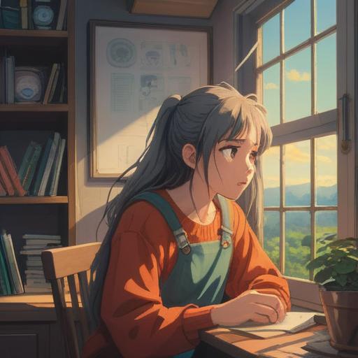 A serene scene depicting a character experiencing a small misfortune, finding a silver lining, warm sunlight streaming through the window, a spilled cup of tea transforming into a blooming flower, a gentle smile on the character's face, hope and positivity, inviting home atmosphere, 4k