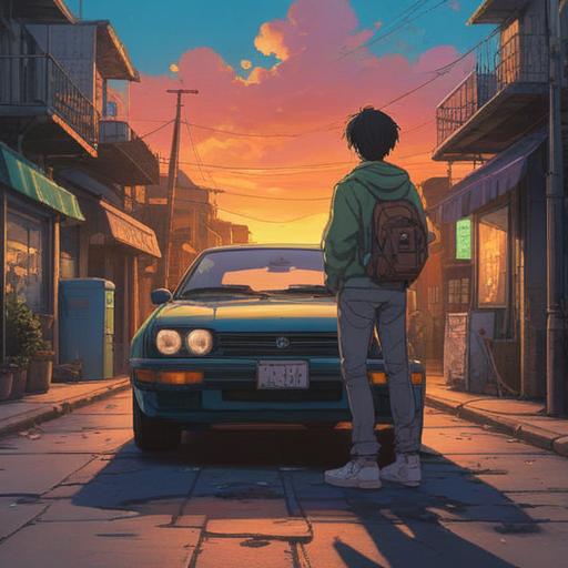 A serene and reflective illustration of a person standing beside a car, contemplating the journey ahead, symbolizing the release of material attachments, ethereal light illuminating the scene, nature surrounding them, peaceful expression, soft pastel colors, spiritual connection with the environment, 4k