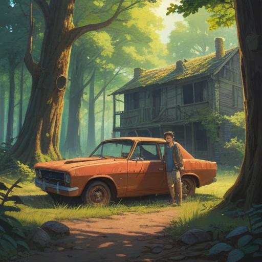 A serene illustration depicting a person standing beside an abandoned car in a peaceful landscape, sunlight breaking through the trees, symbolic imagery of freedom and release, gentle breeze rustling leaves, emotional expression of liberation, soft colors enhancing the spiritual atmosphere, 4k