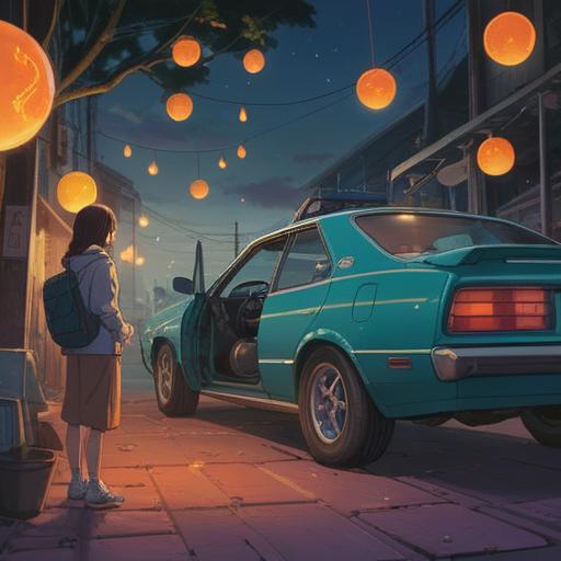 A serene illustration depicting a person preparing to part with their car, subtle glowing orbs representing spiritual signs around them, a calm and reflective atmosphere, nature surrounding the scene, symbolic imagery like feathers or butterflies to denote transformation, soft sunlight filtering through trees, emotional expression on the person's face, 4k