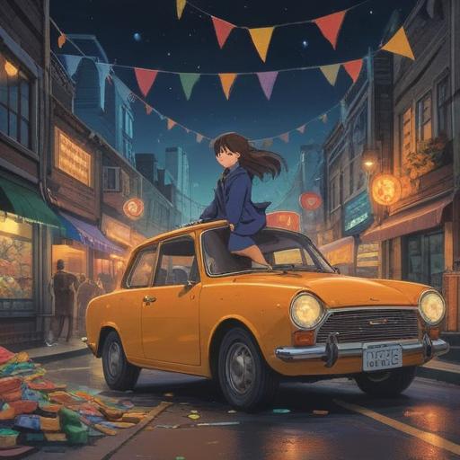 A serene scene depicting a person happily embracing their newfound freedom after selling their car, surrounded by lucky charms such as a four-leaf clover, a horseshoe, and a bunch of colorful balloons, a bright sky in the background, lush green grass, warm sunlight illuminating the cheerful atmosphere, expressive facial expressions, detailed lucky items, 4k