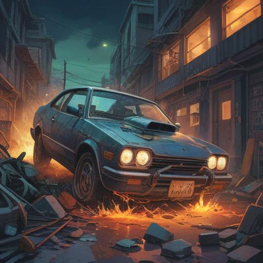 A surreal illustration depicting a car accident, symbolic elements representing transformation and change, ethereal light illuminating the scene, a sense of awakening and introspection, abstract representations of emotions intertwined with the wreckage, vibrant colors conveying the duality of chaos and clarity, thought-provoking imagery, 4k