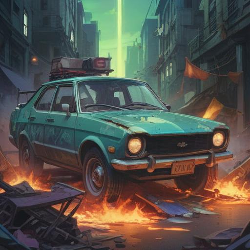 A surreal depiction of a car accident with spiritual symbols, ethereal light shining through the crash scene, glowing energy surrounding the vehicles, a sense of calm amidst chaos, abstract patterns representing positive signs and omens, vivid colors, dreamlike atmosphere, mystical elements intertwined with reality, 4k