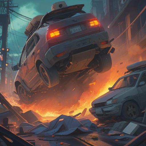 A dramatic scene of a car accident, symbolic representations of spiritual signs surrounding the crash, ethereal light illuminating the area, ghostly figures warning of danger, intense emotions captured in the characters' expressions, nature elements like fallen leaves enhancing the atmosphere, cautionary symbols subtly integrated into the background, vivid colors, thought-provoking imagery, 4k